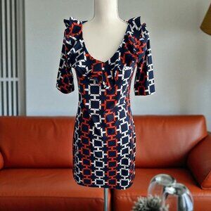 TRACY NEGOSHIAN Orange Navy Blue Ruffle V Neck Dress Size XS